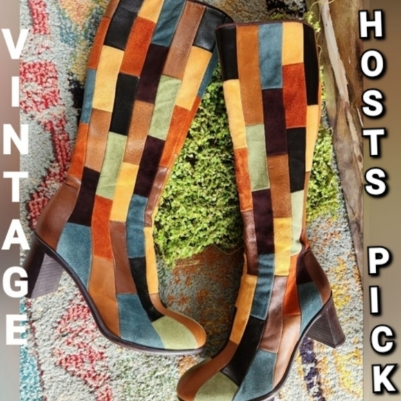 ANNA SUI RARE Patchwork  Leather Olive Brown Rust Teal Zip Heels Boots 40 - Picture 9 of 16